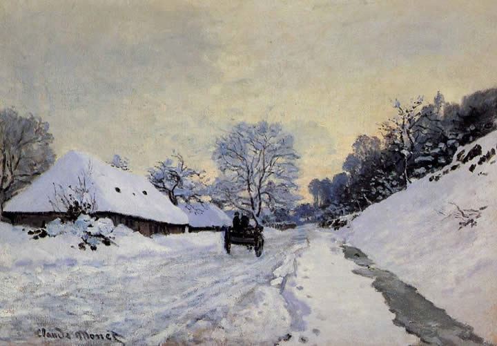 Claude Monet A Cart on the Snow Covered Road with Saint-Simeon Farm